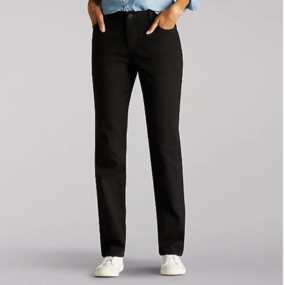 LEE WOMENS JEANS BLACK RELAXED FIT STRAIGHT LEG HIGH RISE INSTANTLY SLIMS SZ 12L